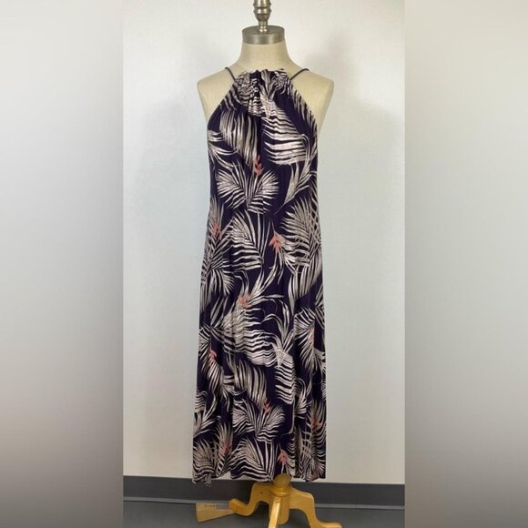 RAVELLO Women’s Tropical Print Navy White Gather Neck Beach Cover Up Dress, O/S - Picture 1 of 8